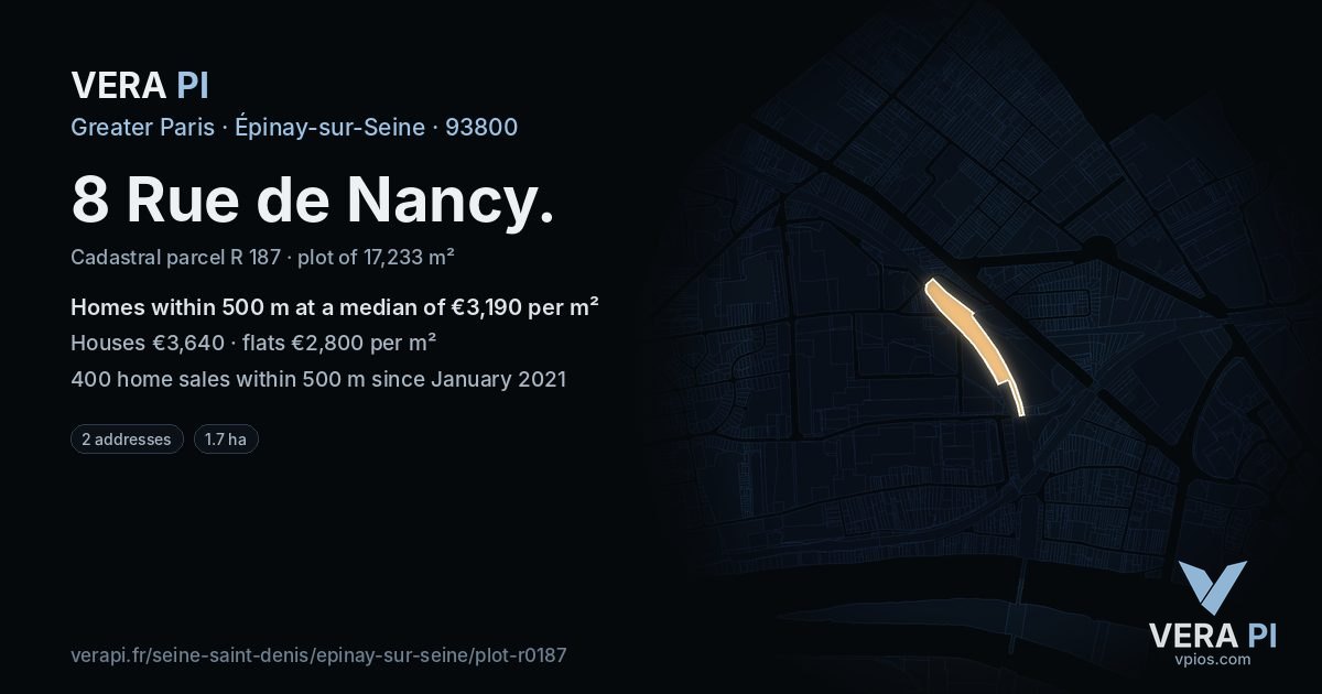 8 Rue de Nancy, Épinay-sur-Seine at night – the plot lit, the parcels around coloured by the prices near them