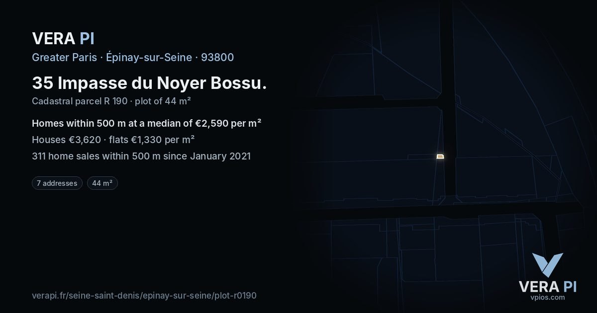 35 Impasse du Noyer Bossu, Épinay-sur-Seine at night – the plot lit, the parcels around coloured by the prices near them
