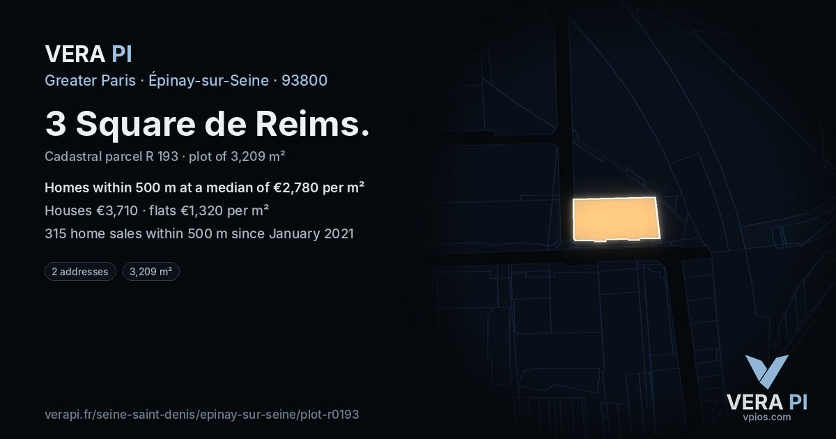 3 Square de Reims, Épinay-sur-Seine at night – the plot lit, the parcels around coloured by the prices near them