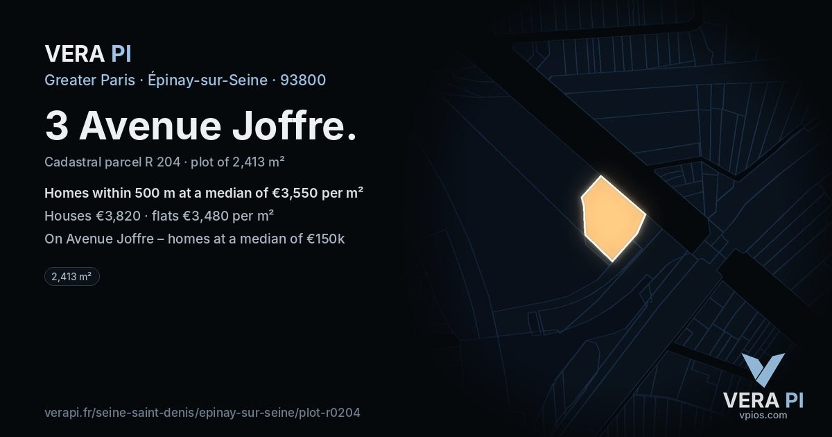 3 Avenue Joffre, Épinay-sur-Seine at night – the plot lit, the parcels around coloured by the prices near them