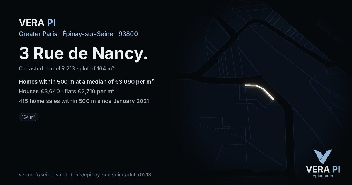 3 Rue de Nancy, Épinay-sur-Seine at night – the plot lit, the parcels around coloured by the prices near them