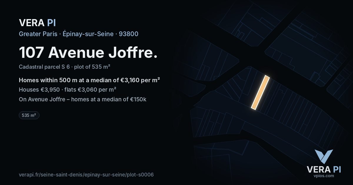 107 Avenue Joffre, Épinay-sur-Seine at night – the plot lit, the parcels around coloured by the prices near them