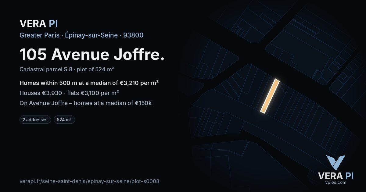 105 Avenue Joffre, Épinay-sur-Seine at night – the plot lit, the parcels around coloured by the prices near them