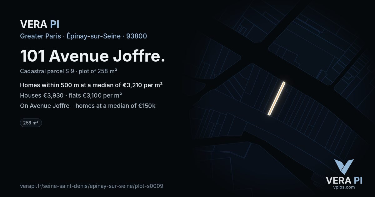 101 Avenue Joffre, Épinay-sur-Seine at night – the plot lit, the parcels around coloured by the prices near them