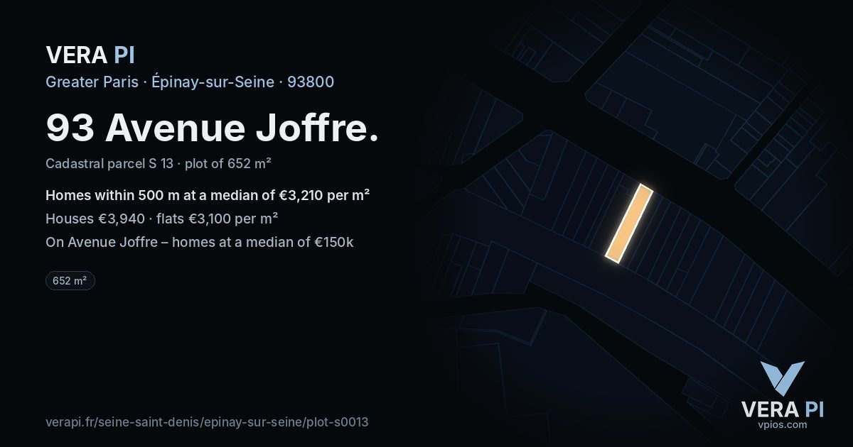 93 Avenue Joffre, Épinay-sur-Seine at night – the plot lit, the parcels around coloured by the prices near them