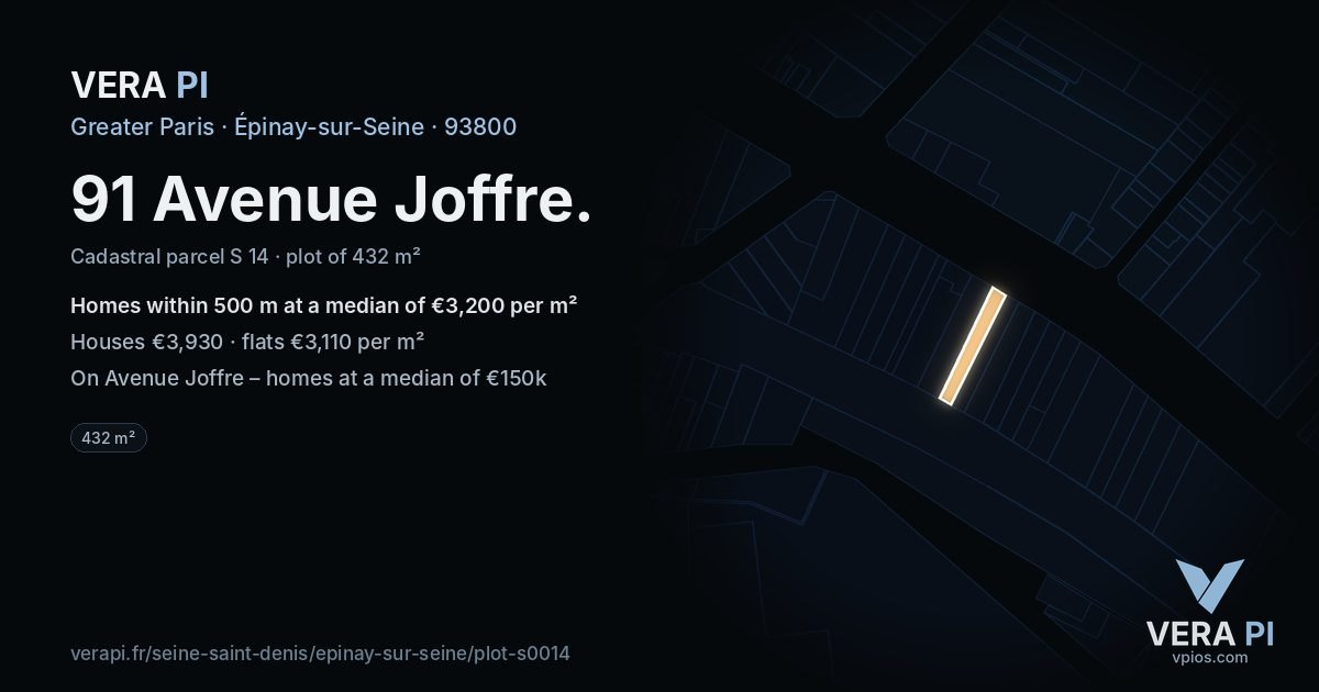91 Avenue Joffre, Épinay-sur-Seine at night – the plot lit, the parcels around coloured by the prices near them