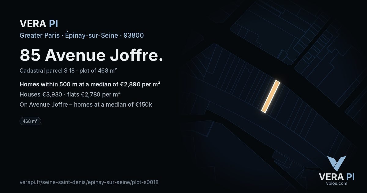 85 Avenue Joffre, Épinay-sur-Seine at night – the plot lit, the parcels around coloured by the prices near them