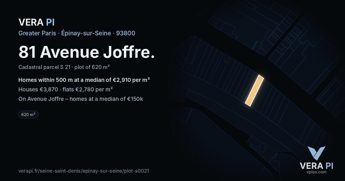 81 Avenue Joffre, Épinay-sur-Seine at night – the plot lit, the parcels around coloured by the prices near them