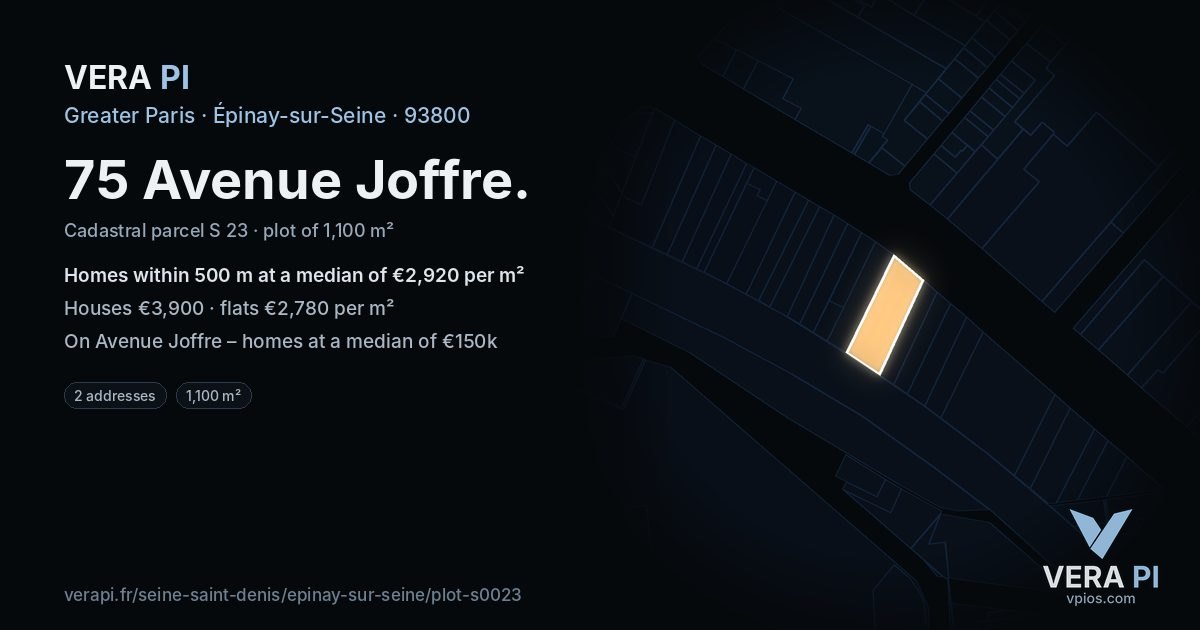 75 Avenue Joffre, Épinay-sur-Seine at night – the plot lit, the parcels around coloured by the prices near them