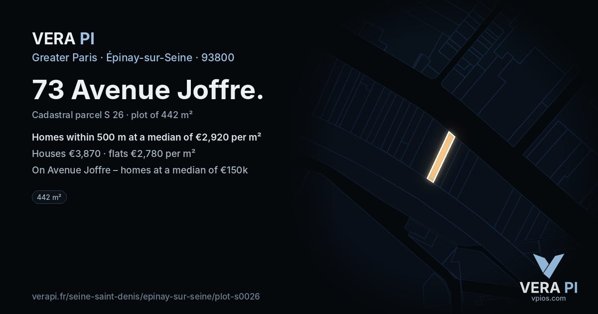 73 Avenue Joffre, Épinay-sur-Seine at night – the plot lit, the parcels around coloured by the prices near them