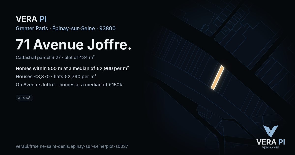71 Avenue Joffre, Épinay-sur-Seine at night – the plot lit, the parcels around coloured by the prices near them