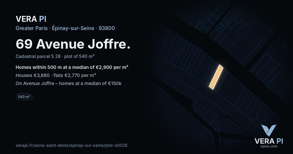 69 Avenue Joffre, Épinay-sur-Seine at night – the plot lit, the parcels around coloured by the prices near them
