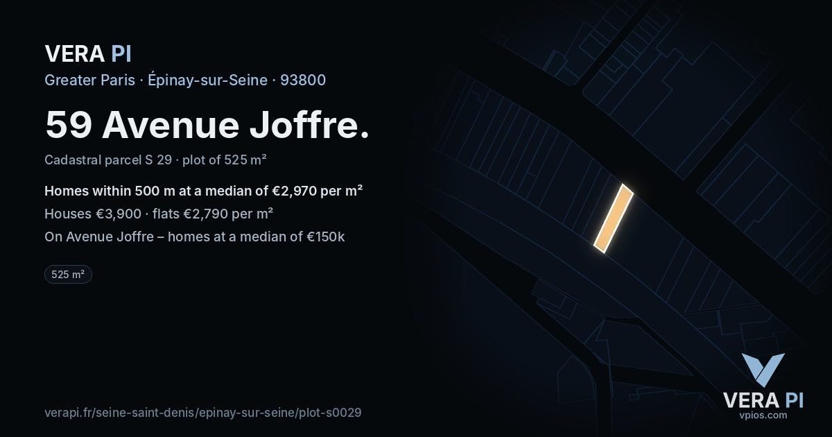 59 Avenue Joffre, Épinay-sur-Seine at night – the plot lit, the parcels around coloured by the prices near them