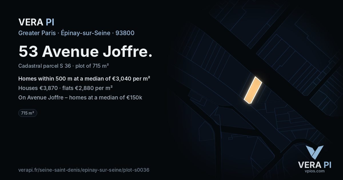 53 Avenue Joffre, Épinay-sur-Seine at night – the plot lit, the parcels around coloured by the prices near them