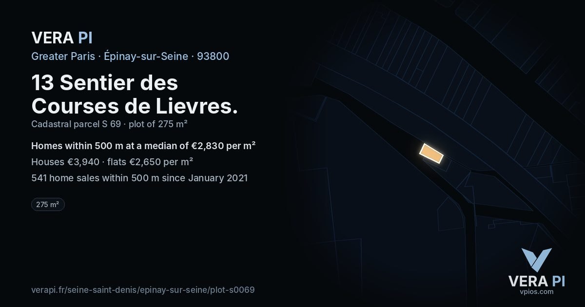 13 Sentier des Courses de Lievres, Épinay-sur-Seine at night – the plot lit, the parcels around coloured by the prices near them