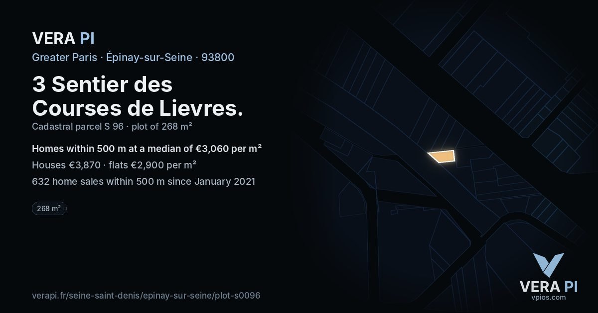3 Sentier des Courses de Lievres, Épinay-sur-Seine at night – the plot lit, the parcels around coloured by the prices near them