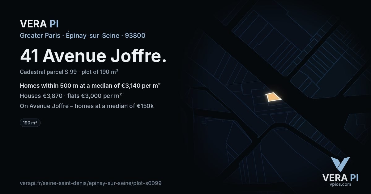 41 Avenue Joffre, Épinay-sur-Seine at night – the plot lit, the parcels around coloured by the prices near them