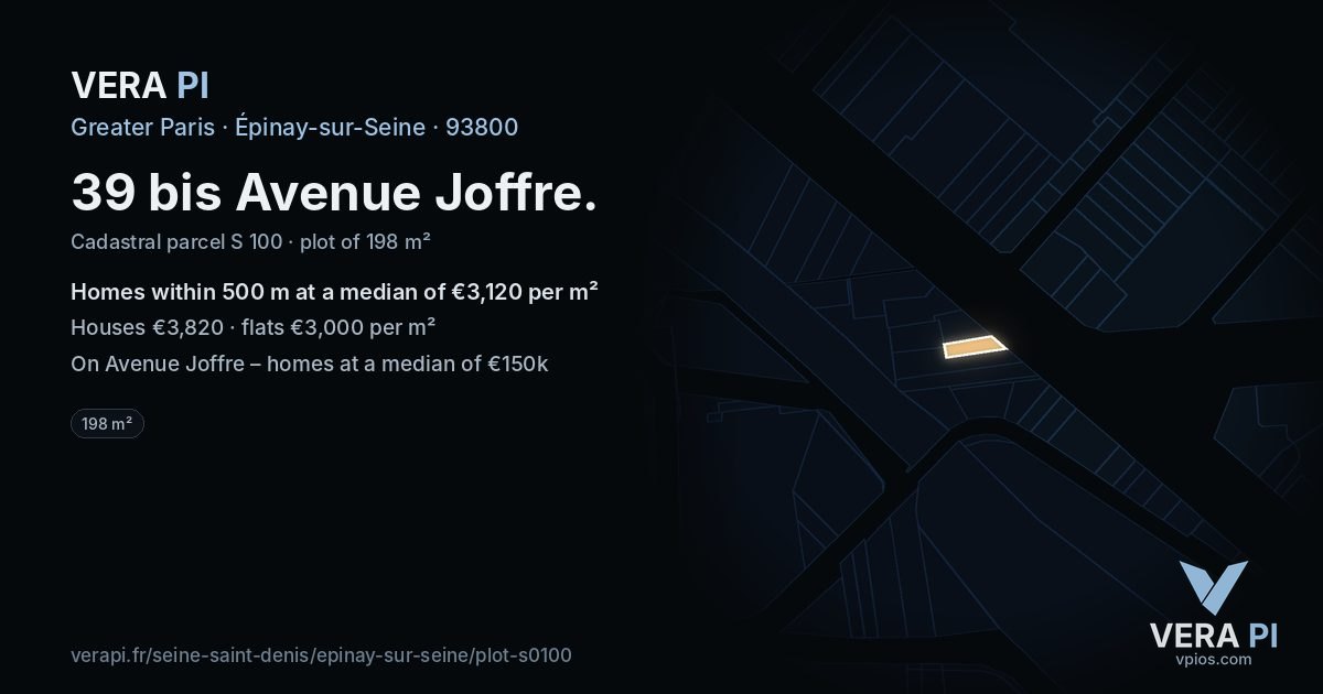 39 bis Avenue Joffre, Épinay-sur-Seine at night – the plot lit, the parcels around coloured by the prices near them