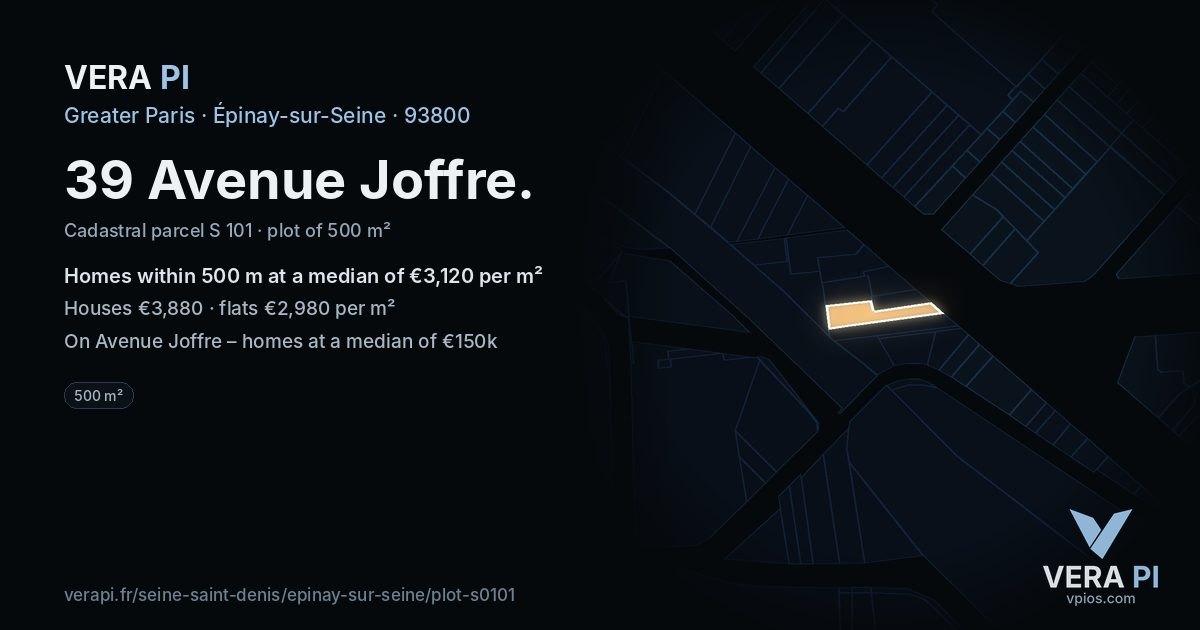 39 Avenue Joffre, Épinay-sur-Seine at night – the plot lit, the parcels around coloured by the prices near them
