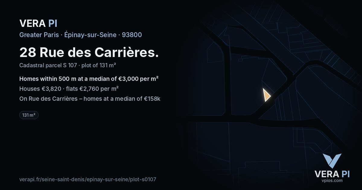 28 Rue des Carrières, Épinay-sur-Seine at night – the plot lit, the parcels around coloured by the prices near them