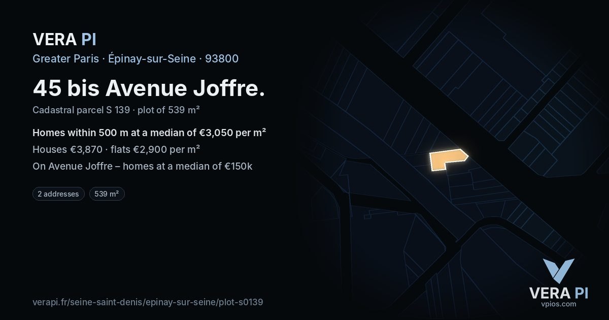 45 bis Avenue Joffre, Épinay-sur-Seine at night – the plot lit, the parcels around coloured by the prices near them
