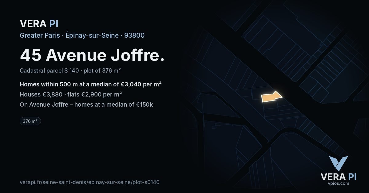 45 Avenue Joffre, Épinay-sur-Seine at night – the plot lit, the parcels around coloured by the prices near them