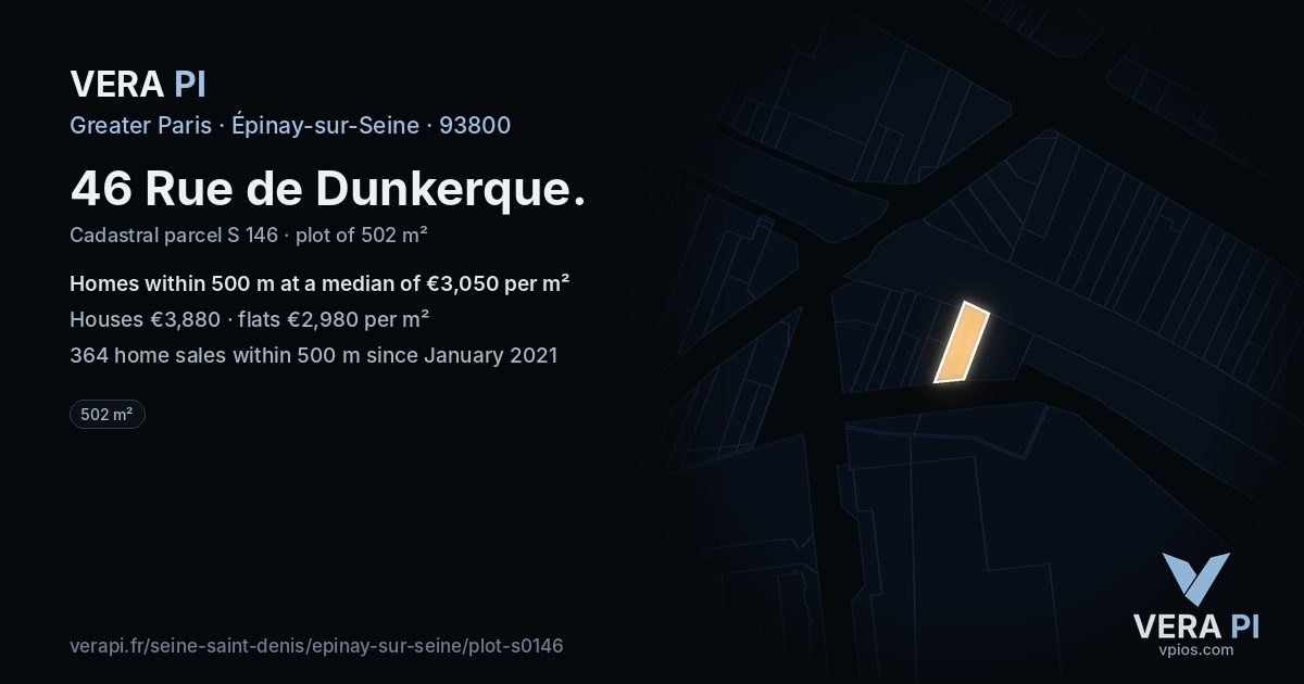 46 Rue de Dunkerque, Épinay-sur-Seine at night – the plot lit, the parcels around coloured by the prices near them