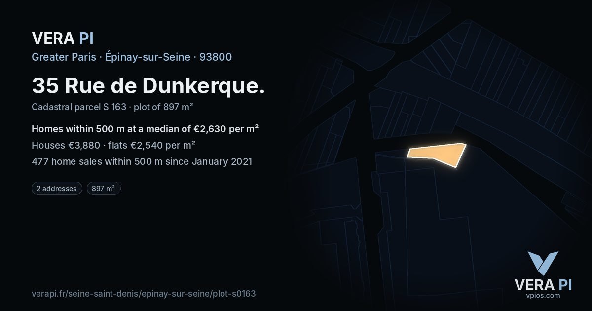 35 Rue de Dunkerque, Épinay-sur-Seine at night – the plot lit, the parcels around coloured by the prices near them
