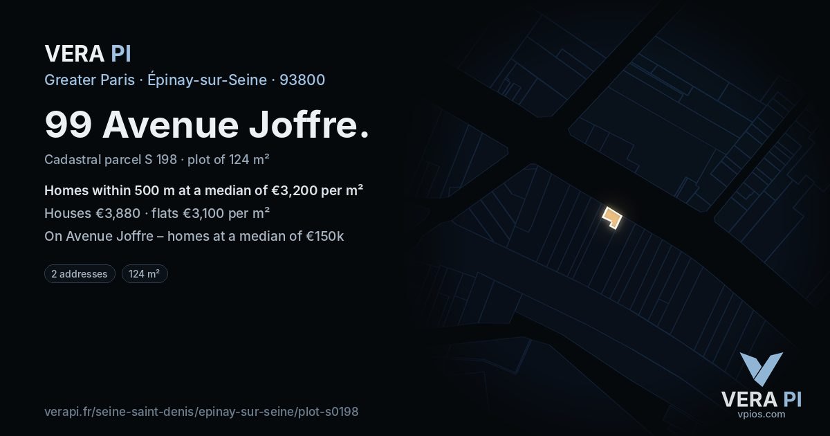99 Avenue Joffre, Épinay-sur-Seine at night – the plot lit, the parcels around coloured by the prices near them