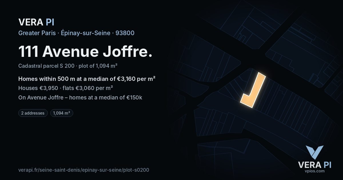 111 Avenue Joffre, Épinay-sur-Seine at night – the plot lit, the parcels around coloured by the prices near them