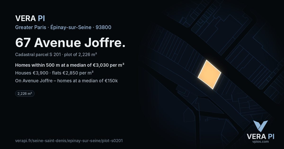 67 Avenue Joffre, Épinay-sur-Seine at night – the plot lit, the parcels around coloured by the prices near them