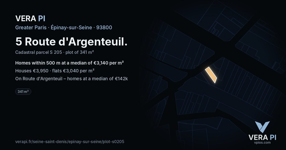 5 Route d'Argenteuil, Épinay-sur-Seine at night – the plot lit, the parcels around coloured by the prices near them