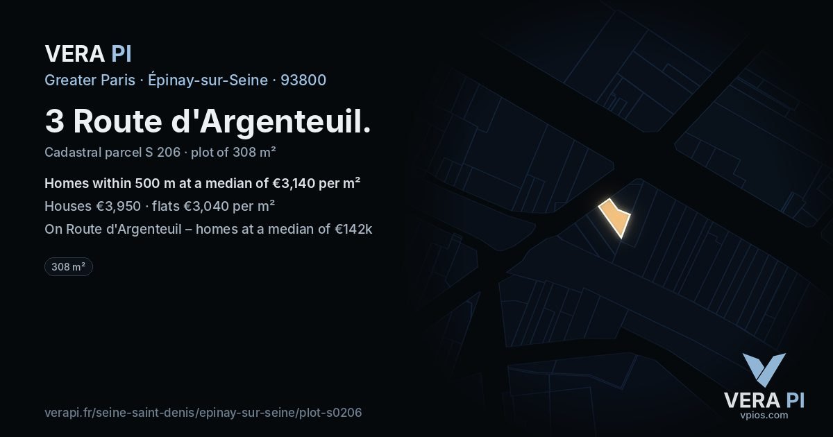 3 Route d'Argenteuil, Épinay-sur-Seine at night – the plot lit, the parcels around coloured by the prices near them