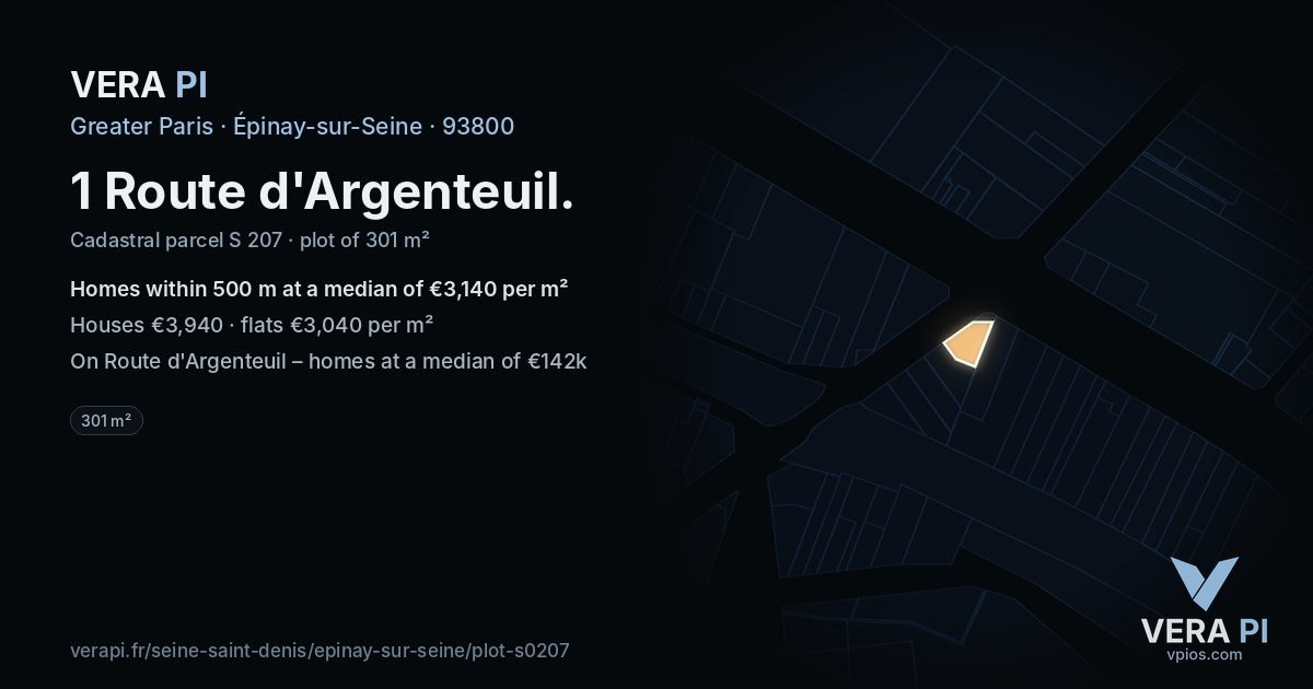 1 Route d'Argenteuil, Épinay-sur-Seine at night – the plot lit, the parcels around coloured by the prices near them