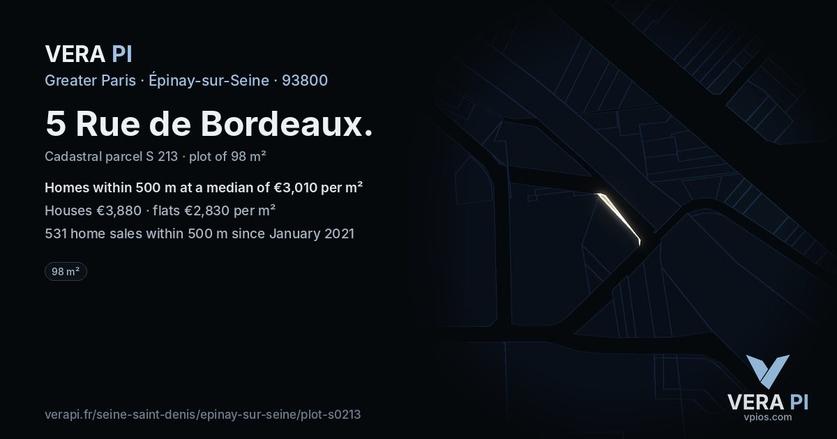 5 Rue de Bordeaux, Épinay-sur-Seine at night – the plot lit, the parcels around coloured by the prices near them