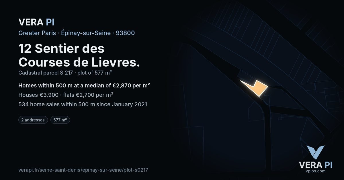 12 Sentier des Courses de Lievres, Épinay-sur-Seine at night – the plot lit, the parcels around coloured by the prices near them