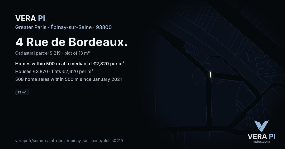 4 Rue de Bordeaux, Épinay-sur-Seine at night – the plot lit, the parcels around coloured by the prices near them
