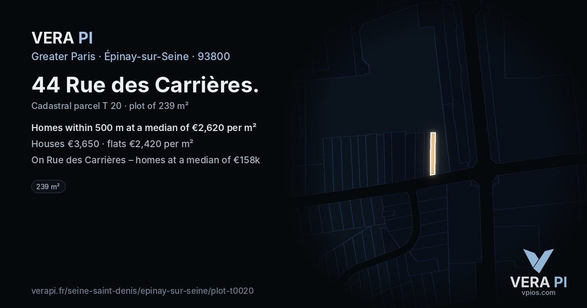 44 Rue des Carrières, Épinay-sur-Seine at night – the plot lit, the parcels around coloured by the prices near them