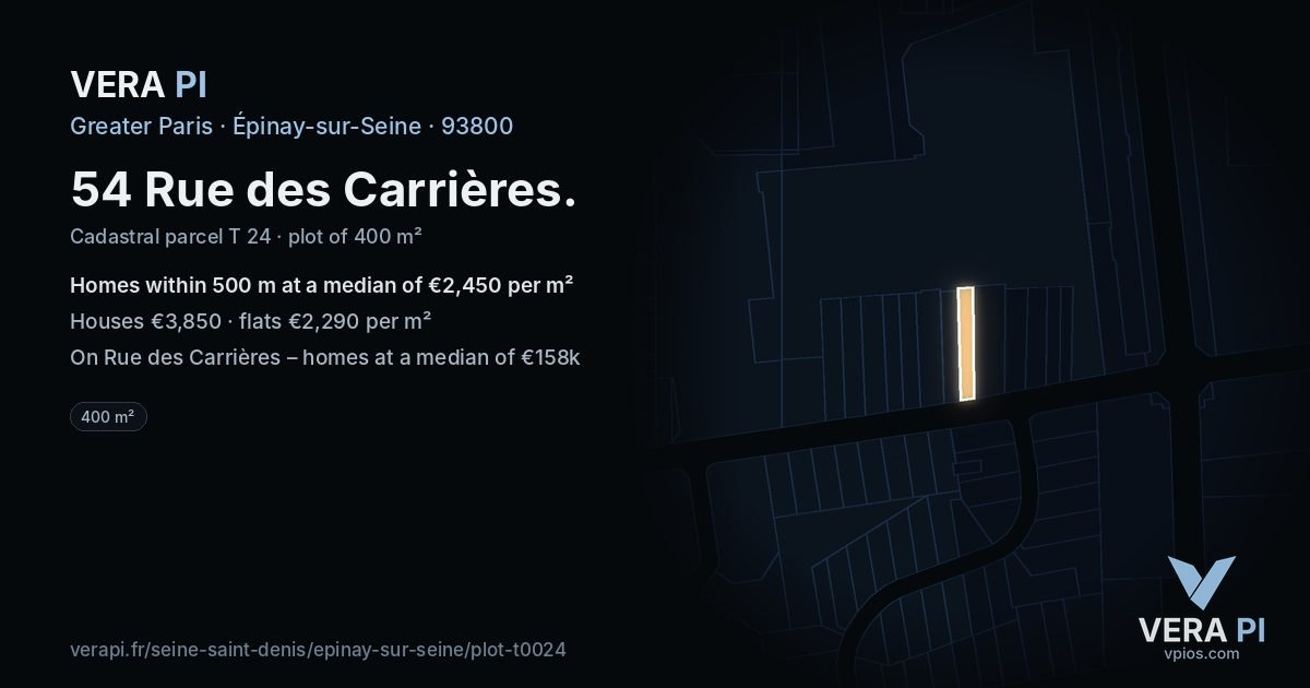 54 Rue des Carrières, Épinay-sur-Seine at night – the plot lit, the parcels around coloured by the prices near them