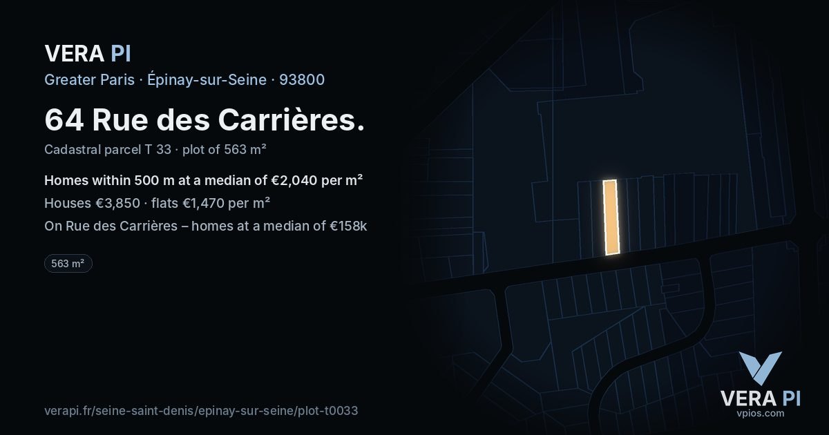 64 Rue des Carrières, Épinay-sur-Seine at night – the plot lit, the parcels around coloured by the prices near them