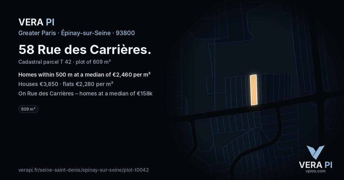 58 Rue des Carrières, Épinay-sur-Seine at night – the plot lit, the parcels around coloured by the prices near them