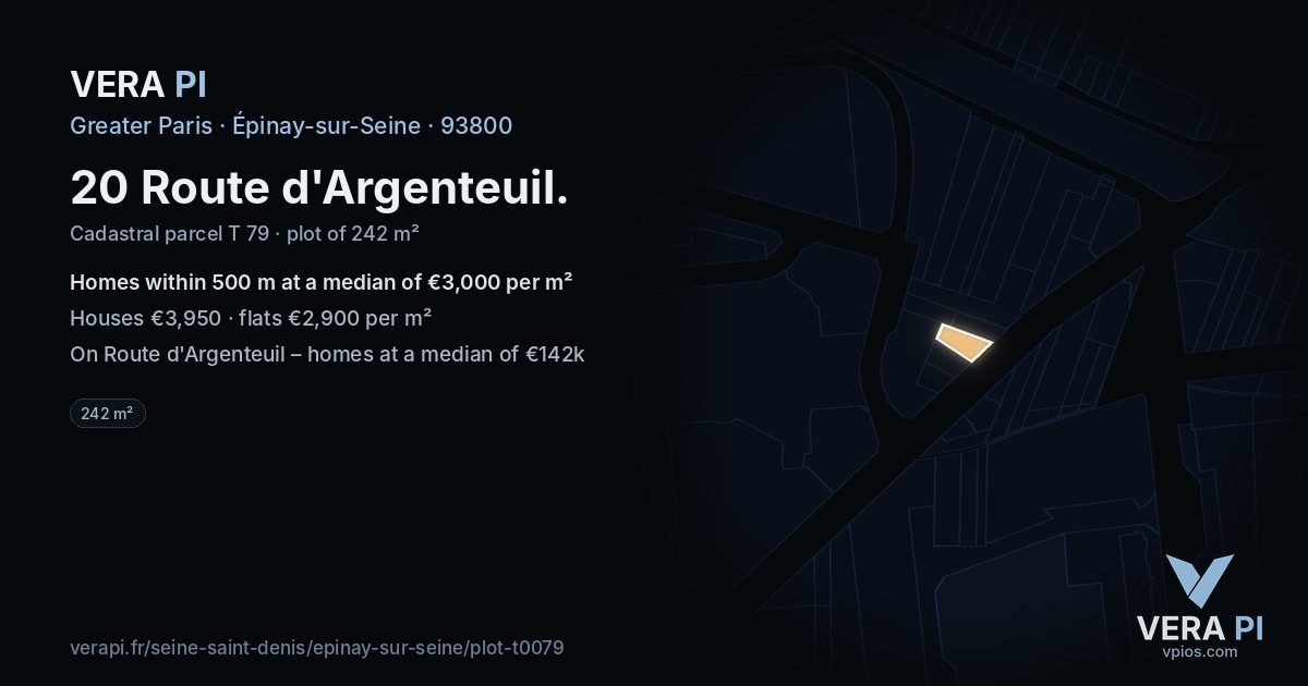 20 Route d'Argenteuil, Épinay-sur-Seine at night – the plot lit, the parcels around coloured by the prices near them