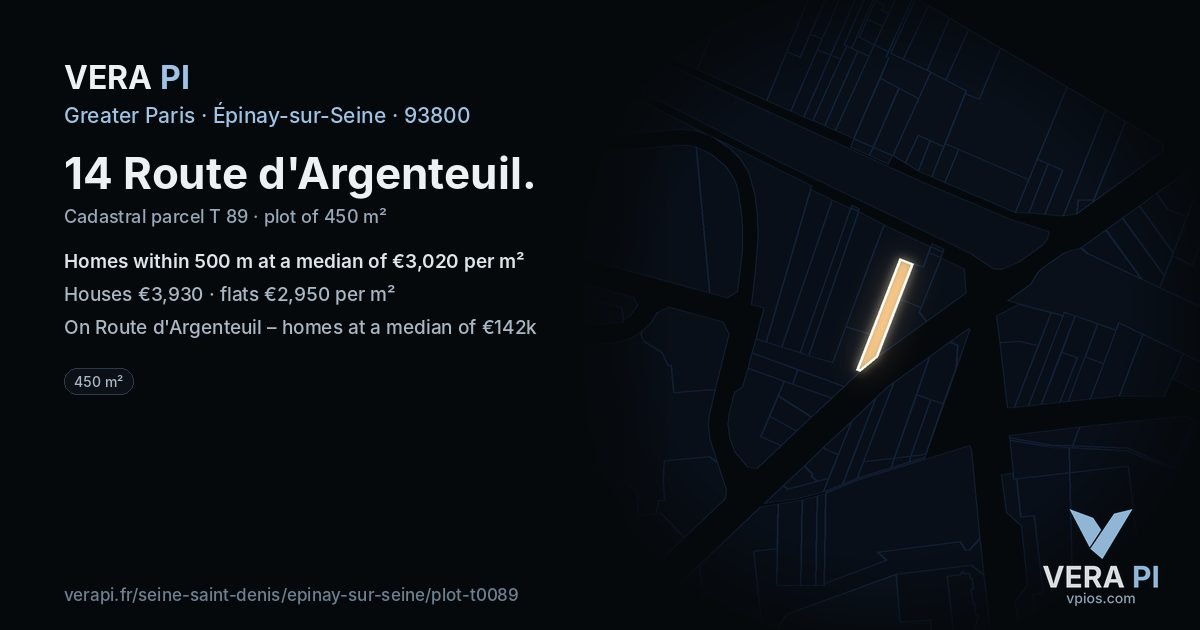 14 Route d'Argenteuil, Épinay-sur-Seine at night – the plot lit, the parcels around coloured by the prices near them