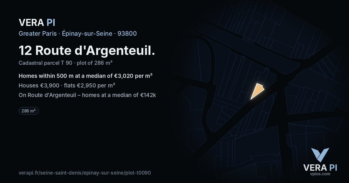 12 Route d'Argenteuil, Épinay-sur-Seine at night – the plot lit, the parcels around coloured by the prices near them