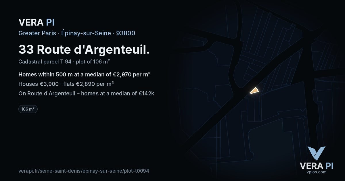 33 Route d'Argenteuil, Épinay-sur-Seine at night – the plot lit, the parcels around coloured by the prices near them
