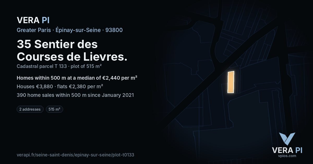 35 Sentier des Courses de Lievres, Épinay-sur-Seine at night – the plot lit, the parcels around coloured by the prices near them