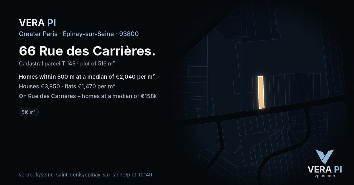 66 Rue des Carrières, Épinay-sur-Seine at night – the plot lit, the parcels around coloured by the prices near them
