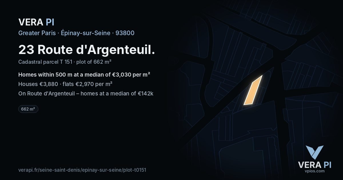 23 Route d'Argenteuil, Épinay-sur-Seine at night – the plot lit, the parcels around coloured by the prices near them