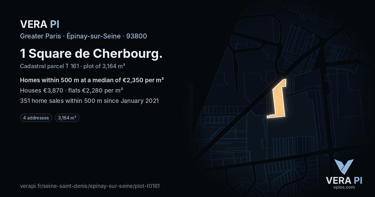 1 Square de Cherbourg, Épinay-sur-Seine at night – the plot lit, the parcels around coloured by the prices near them