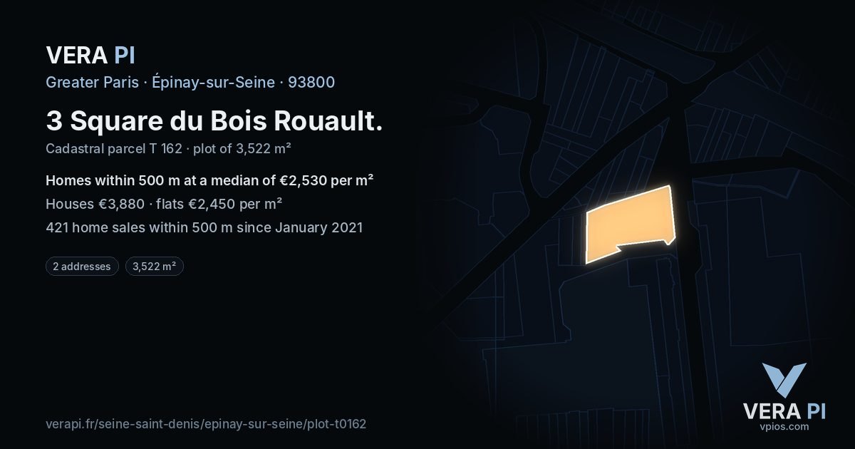 3 Square du Bois Rouault, Épinay-sur-Seine at night – the plot lit, the parcels around coloured by the prices near them